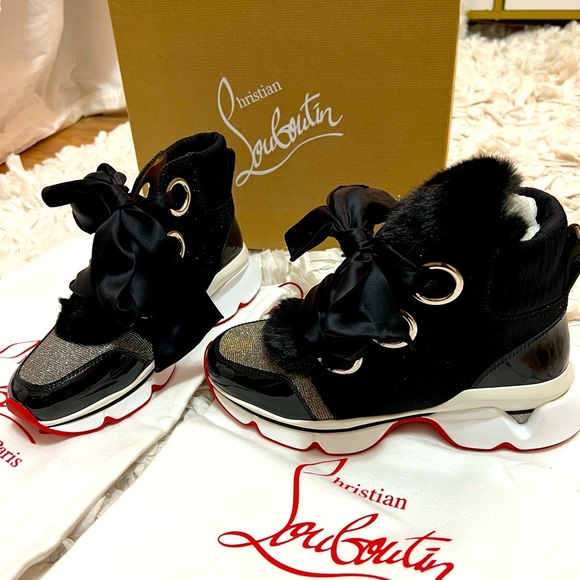 Christian Louboutin Shoes - Christian Louboutin Marellaski Faux-Fur Red Sole Sneakers